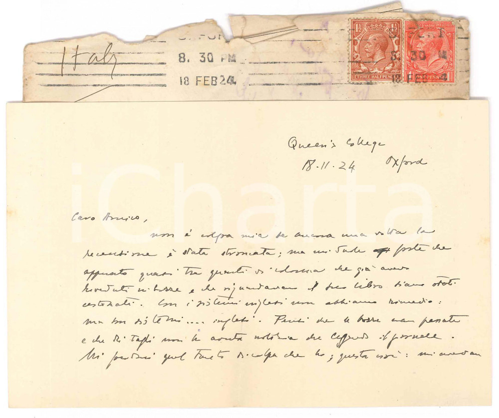 Autografo originale 1924 OXFORD Lettera Cesare FOLIGNO su recensione stroncata  AUTOGRAFO 1