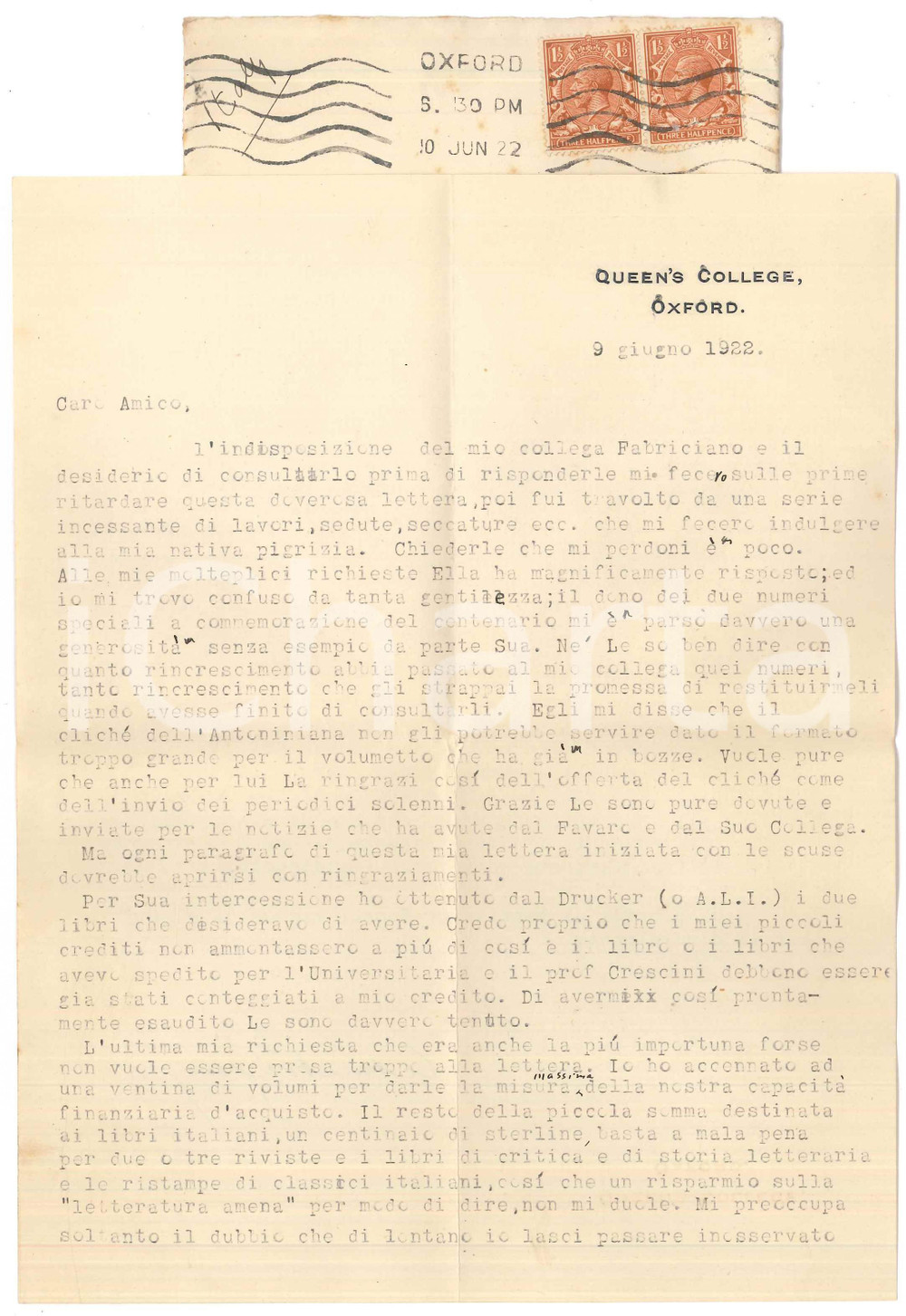 Autografo originale 1938 OXFORD Queen s College  Cesare FOLIGNO su pubblicazioni ricevute AUTOGRAFO 1