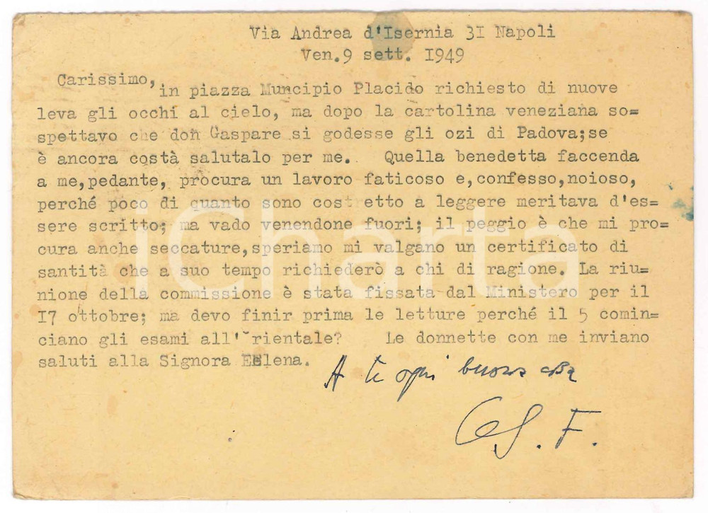Autografo originale 1949 NAPOLI Cesare FOLIGNO vittima di un lavoro faticoso AUTOGRAFO 1