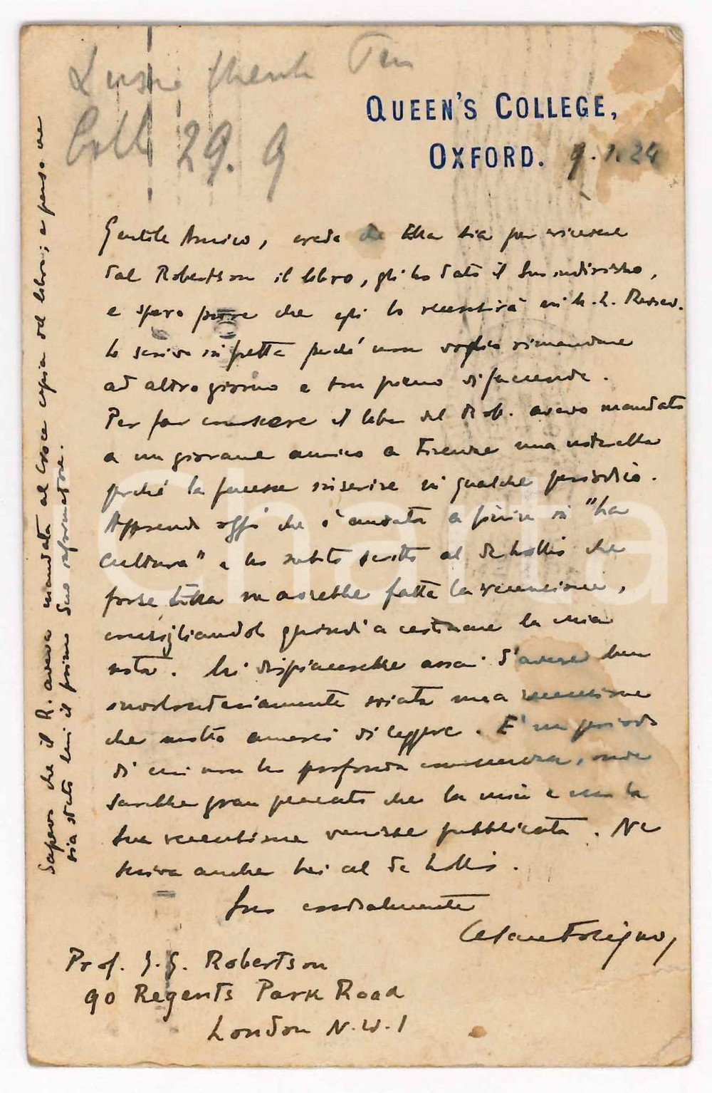 Autografo originale 1924 OXFORD Cartolina Cesare FOLIGNO su libro di J. G. ROBERTSON AUTOGRAFO 1