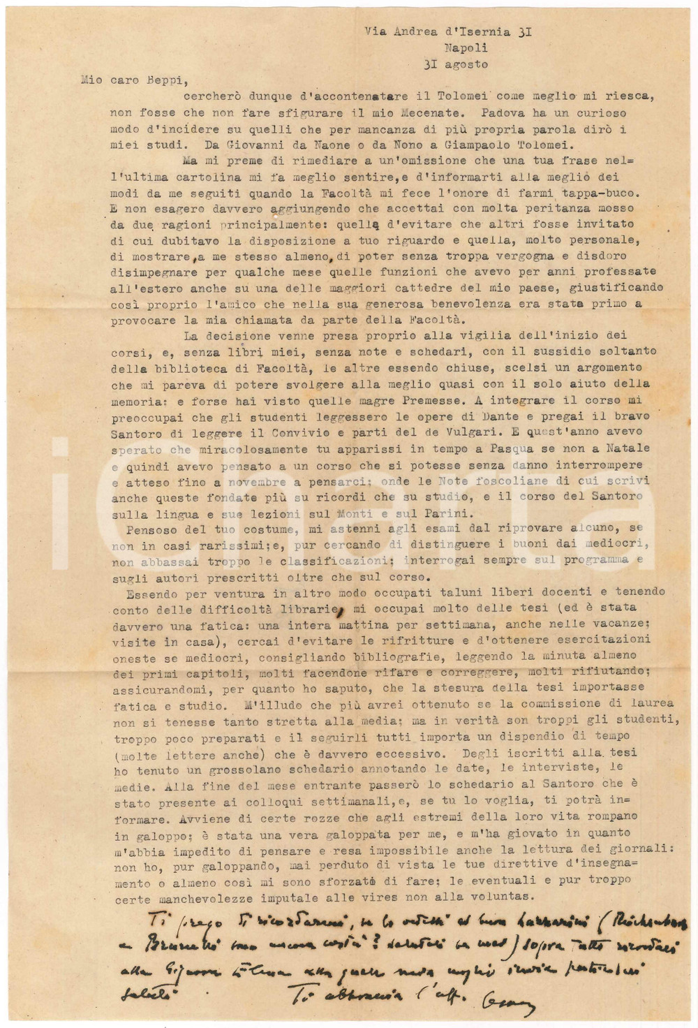 Autografo originale 1945 ca NAPOLI Cesare FOLIGNO sull attivitÃ  accademica a Padova  AUTOGRAFO 1