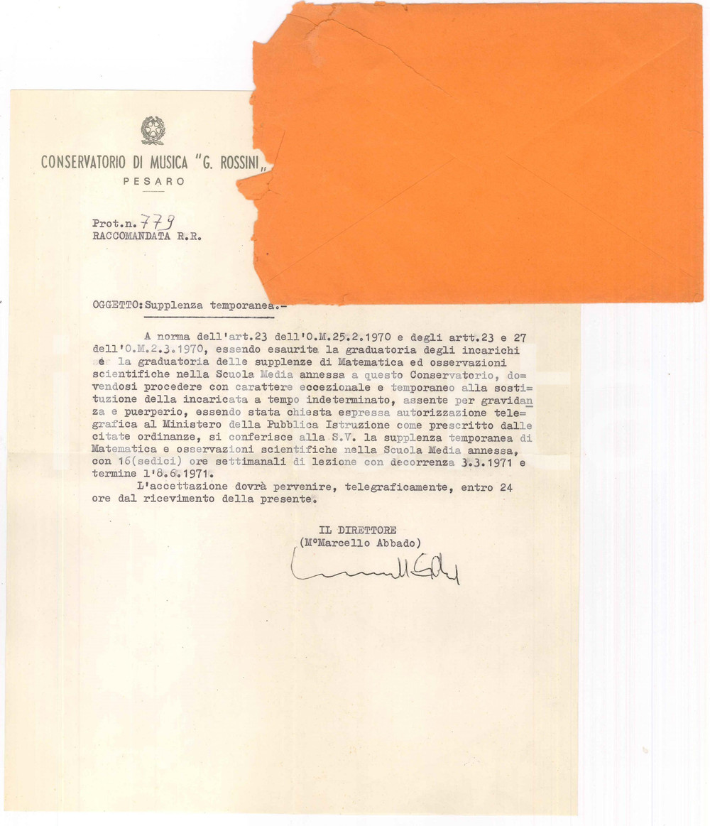 Autografo originale 1971 PESARO Conservatorio ROSSINI  Lettera Marcello ABBADO Autografo 1