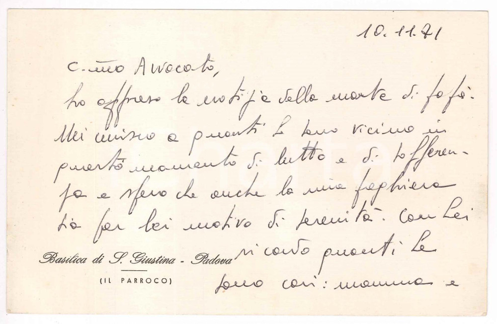 Autografo originale 1971 PADOVA S. GIUSTINA  Biglietto don Carlo Bruno PANIGADA  AUTOGRAFO 1