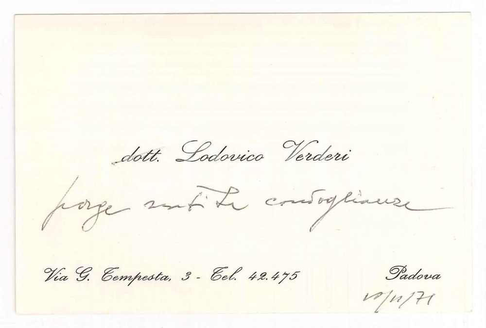 Autografo originale 1971 PADOVA Dott. Lodovico VERDERI  Biglietto da visita AUTOGRAFO 1
