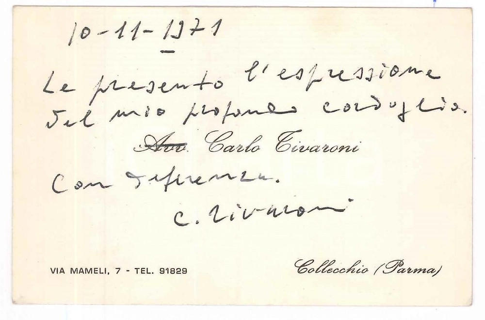 Autografo originale 1971 COLLECCHIO PA Avv. Carlo TIVARONI  Biglietto da visita AUTOGRAFO 1