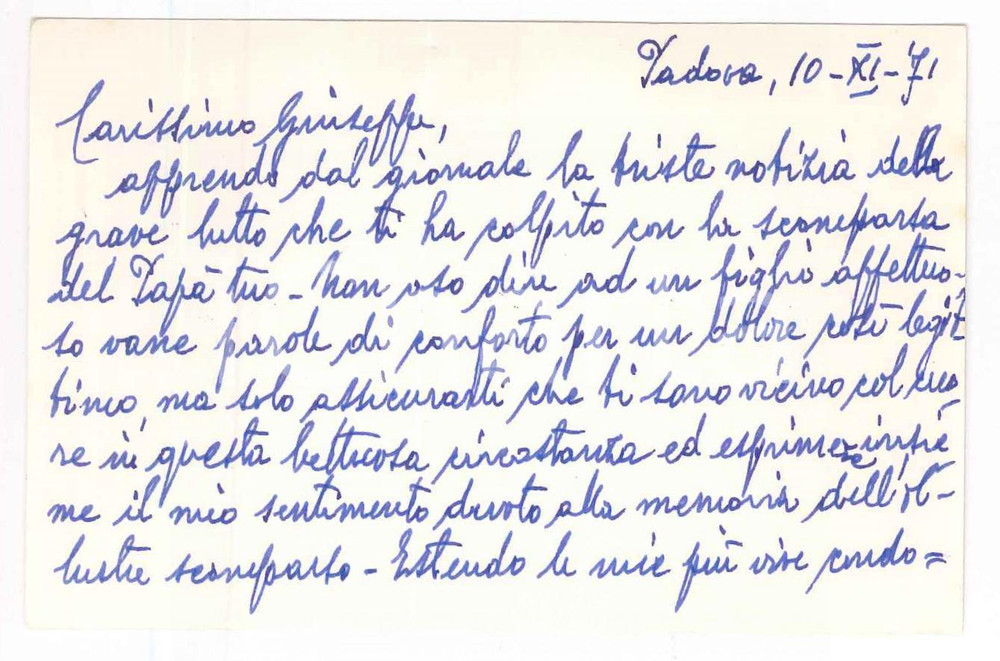 Autografo originale 1971 PADOVA Prof. Comm. Giuseppe BIASUZ  Biglietto da visita AUTOGRAFO 1
