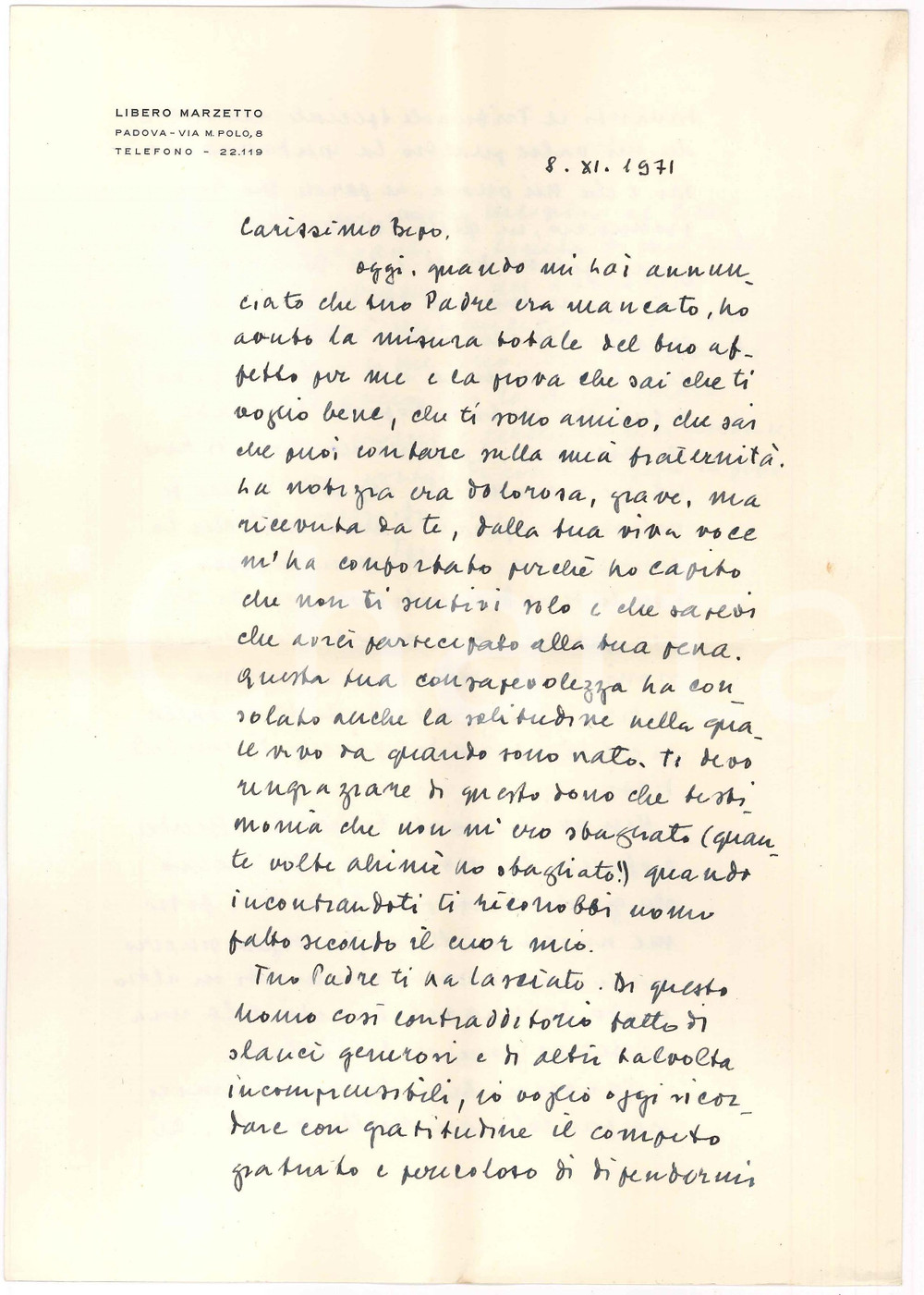 Autografo originale 1971 PADOVA Lettera Libero MARZETTO per condoglianze  AUTOGRAFO 1