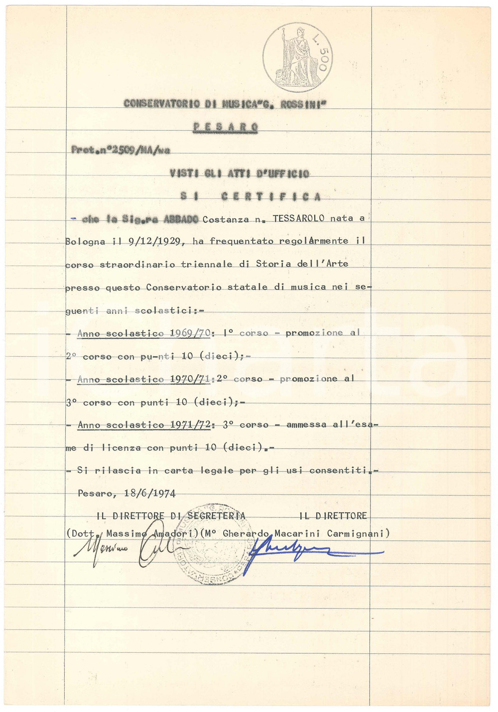 Documento originale, autentico 1974 PESARO Conservatorio Certificato AUTOGRAFO Gherardo MACARINI CARMIGNANI 1