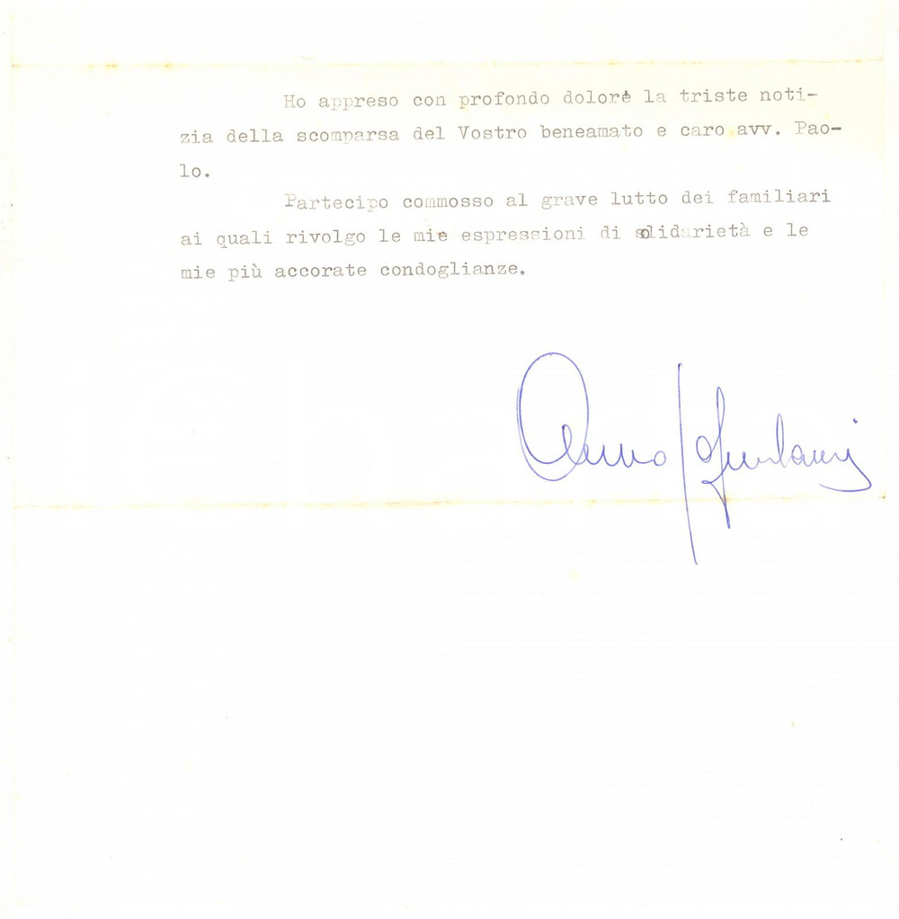 Autografo originale 1971 PORTOGRUARO Armando FURLANIS  Lettera condoglianze Autografo 1