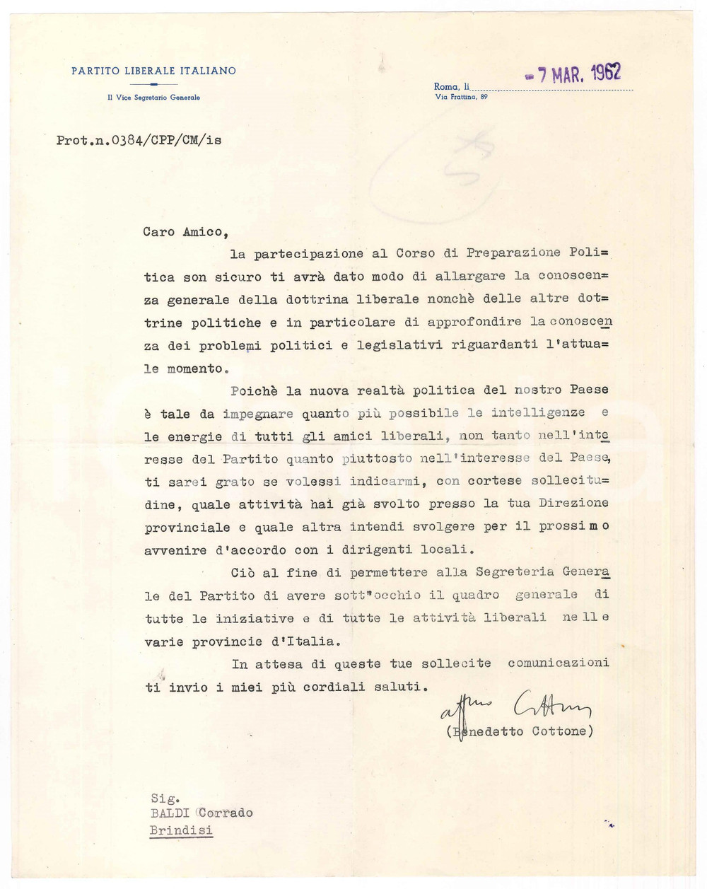 Materiale pubblicitario d’epoca 1962 PLI ROMA Lettera Benedetto COTTONE su corso di preparazione politica 1