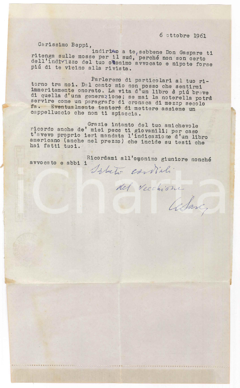 Autografo originale 1961 NAPOLI Lettera Cesare FOLIGNO su introduzione a un volume AUTOGRAFO 1