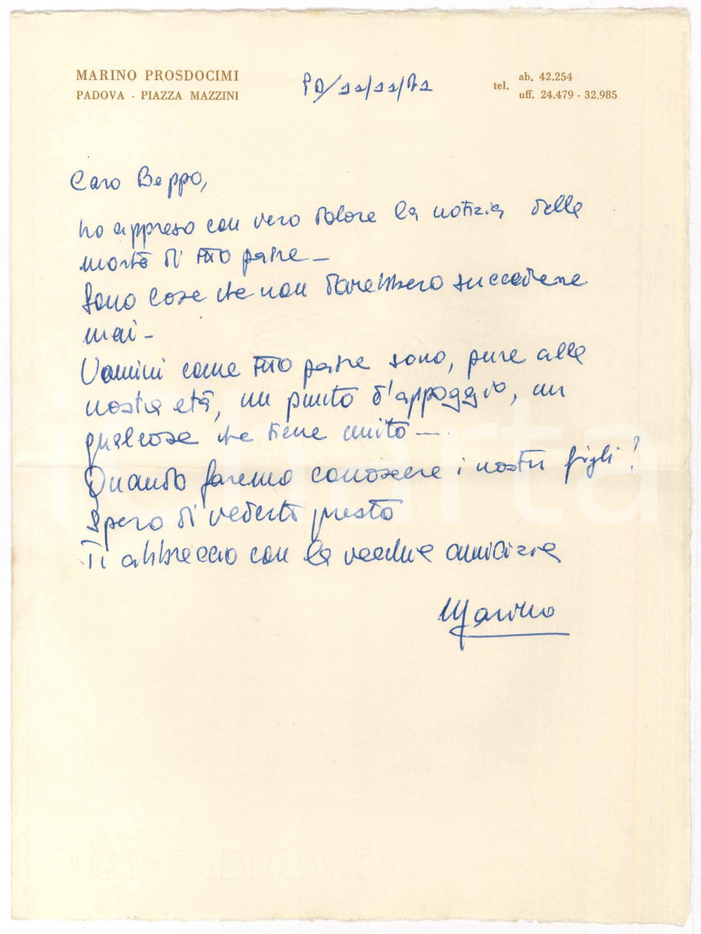 Autografo originale 1971 PADOVA Lettera Marino PROSDOCIMI per condoglianze Autografo 1