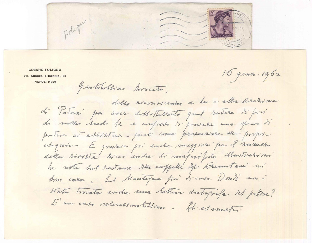 Autografo originale 1962 NAPOLI Lettera Cesare FOLIGNO per ringraziamento  AUTOGRAFO 1