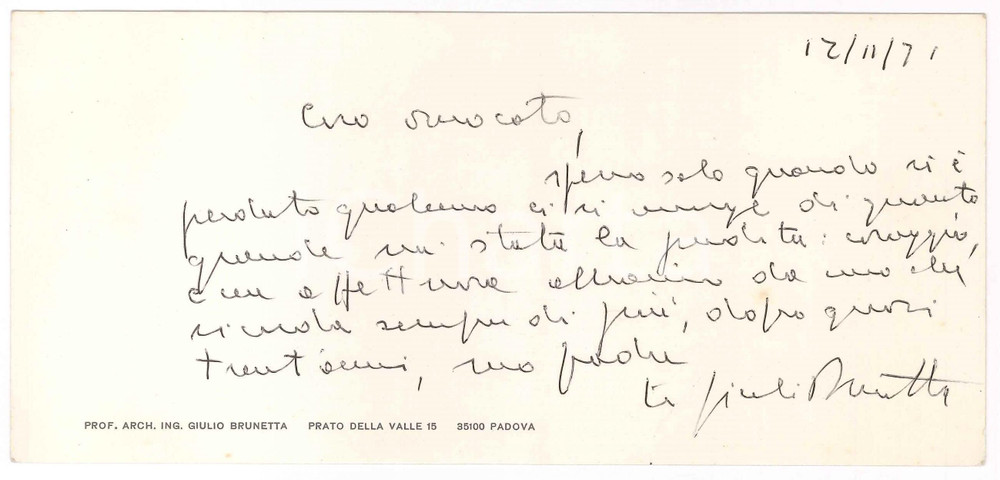Autografo originale 1971 PADOVA Biglietto Giulio BRUNETTA per condoglianze  AUTOGRAFO 1