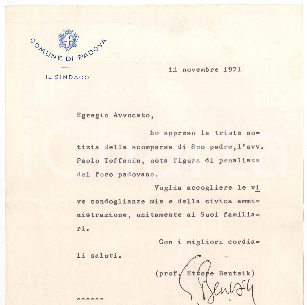 Autografo originale 1971 PADOVA Lettera sindaco Ettore BENTSIK per condoglianze AUTOGRAFO 1