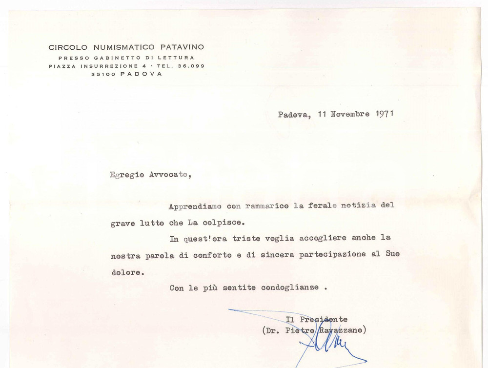Autografo originale 1971 PADOVA Lettera Pietro RAVAZZANO  Circolo Numismatico Patavino AUTOGRAFO 1