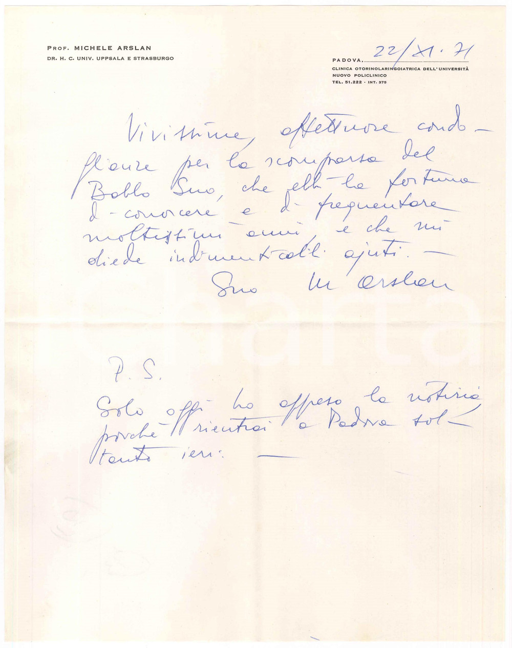 1971 PADOVA Policlinico - Lettera Michele ARSLAN per condoglianze - AUTOGRAFO Lettera interamente autografa, su carta intestata.PAGINE: 1  FAIR/discreto piegature d'epoca  originale e autentica 1