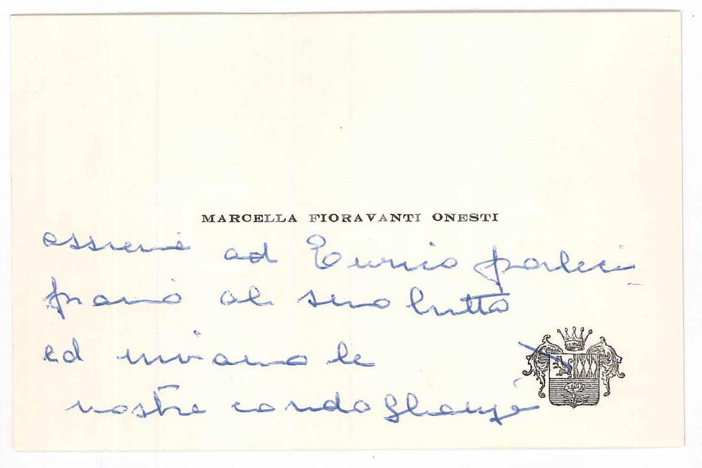 Oggetto da collezione cartaceo 1950 ca ITALIA Marcella FIORAVANTI ONESTI Biglietto di condoglianze 10x7 cm 1