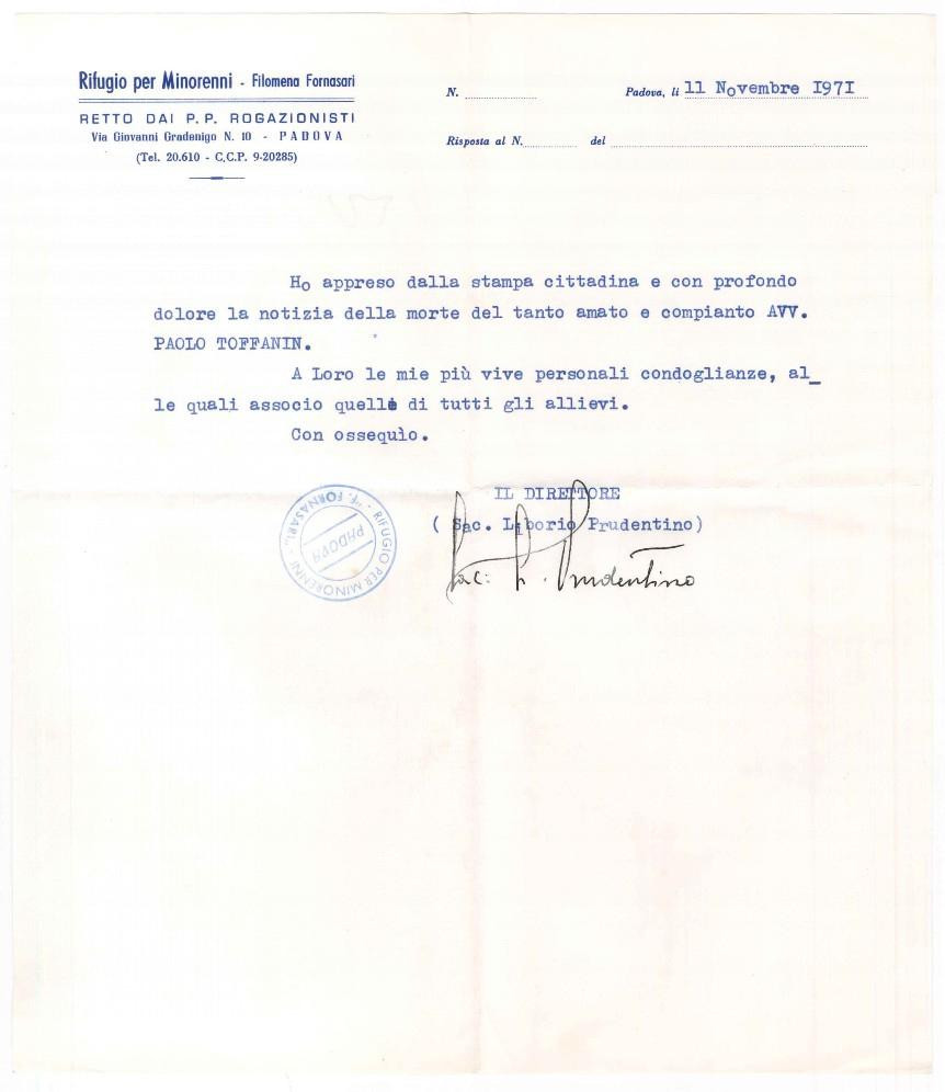 Autografo originale 1971 PADOVA Lettera don Liborio PRUDENTINO  Rifugio per Minorenni AUTOGRAFO 1