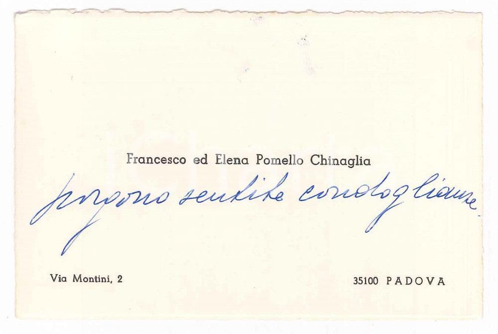 Autografo originale 1980 ca PADOVA Francesco ed Elena POMELLO CHINAGLIA Biglietto visita AUTOGRAFO 1