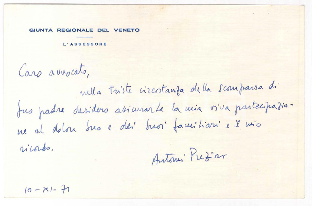 Autografo originale 1971 VENEZIA Giunta Regionale  Biglietto Antonio PREZIOSO  AUTOGRAFO 1
