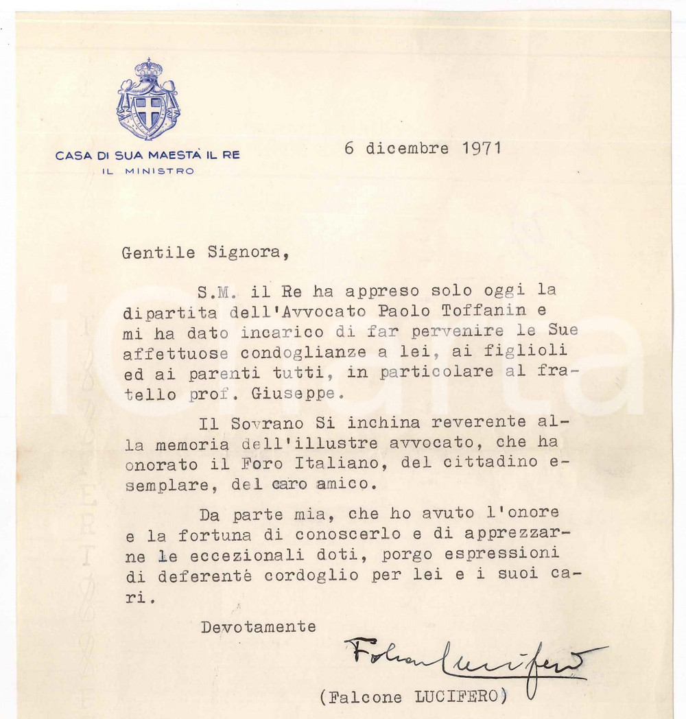 Autografo originale 1971 ROMA Lettera Falcone LUCIFERO per condoglianze  Autografo 1