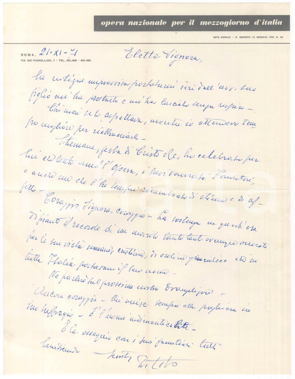 Autografo originale 1971 ROMA Lettera don Tito PASQUALI  Ente Nazionale Mezzogiorno  AUTOGRAFO 1