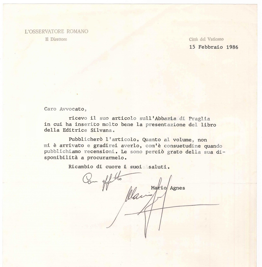 Autografo originale 1986 L OSSERVATORE ROMANO Lettera direttore Mario AGNES ringraziamento AUTOGRAFO 1