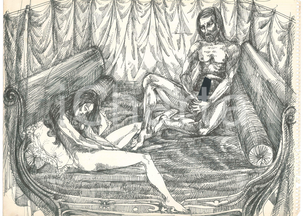 1970 ca ARTE ITALIA EROTICA VINTAGE Autoerotismo - Coppia *Disegno a china 40x30