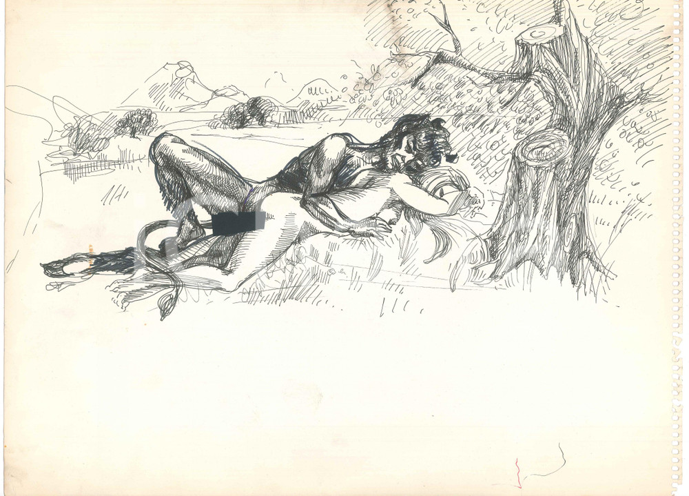 Opera d’arte autentica 1970 ca ARTE ITALIA EROTICA VINTAGE Donna e demone Disegno a china 40x30 1