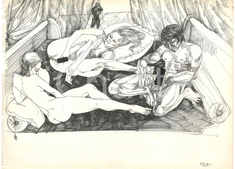Opera d’arte autentica 1970 ca ARTE ITALIA EROTICA VINTAGE Autoerotismo  Gruppo Disegno a china 40x30 1