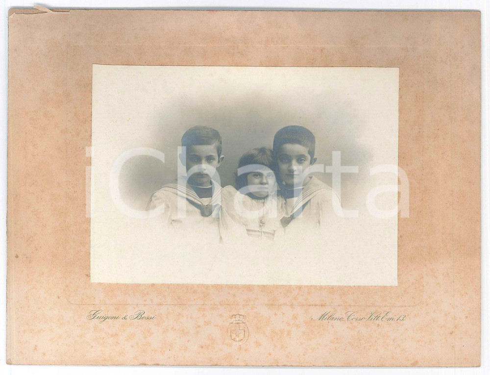 Fotografia d epoca originale 1900 ca MILANO Ritratto di tre fratelli bambini  Foto GUIGONI & BOSSI 1