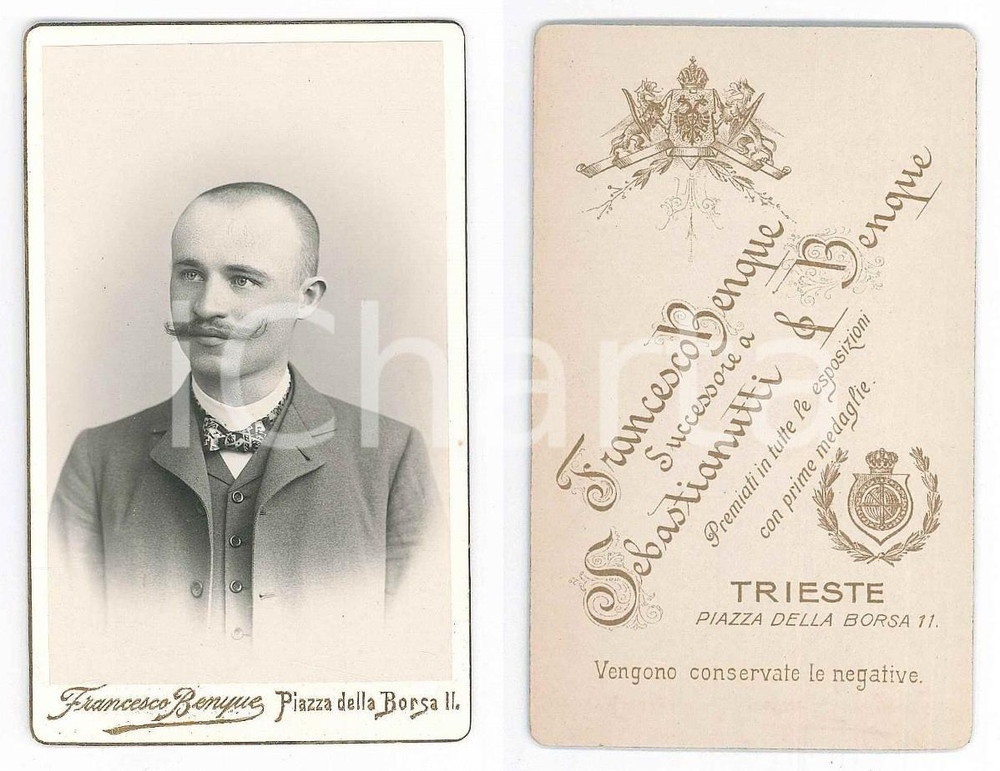 Fotografia d epoca originale 1890 ca TRIESTE Ritratto di giovane uomo  Foto Francesco BENQUE CDV 1