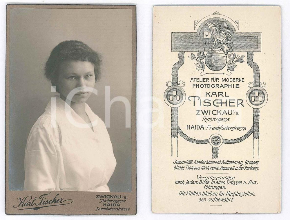 Fotografia d epoca originale 1900 ca NOVY BOR /HAIDA CZ Giovane donna in abito bianco Foto Kark TISCHER 1