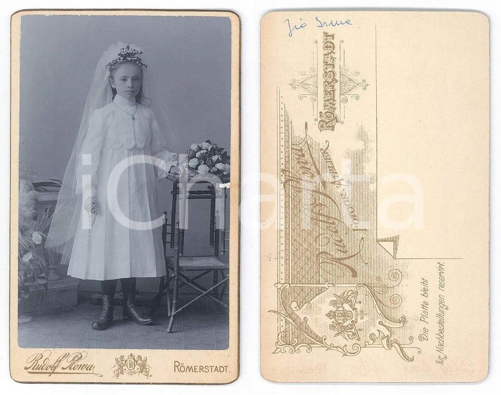 Fotografia d epoca originale 1910 ca ROMERSTADT D Bambina alla Prima Comunione Foto Rudolph PLEWA 1