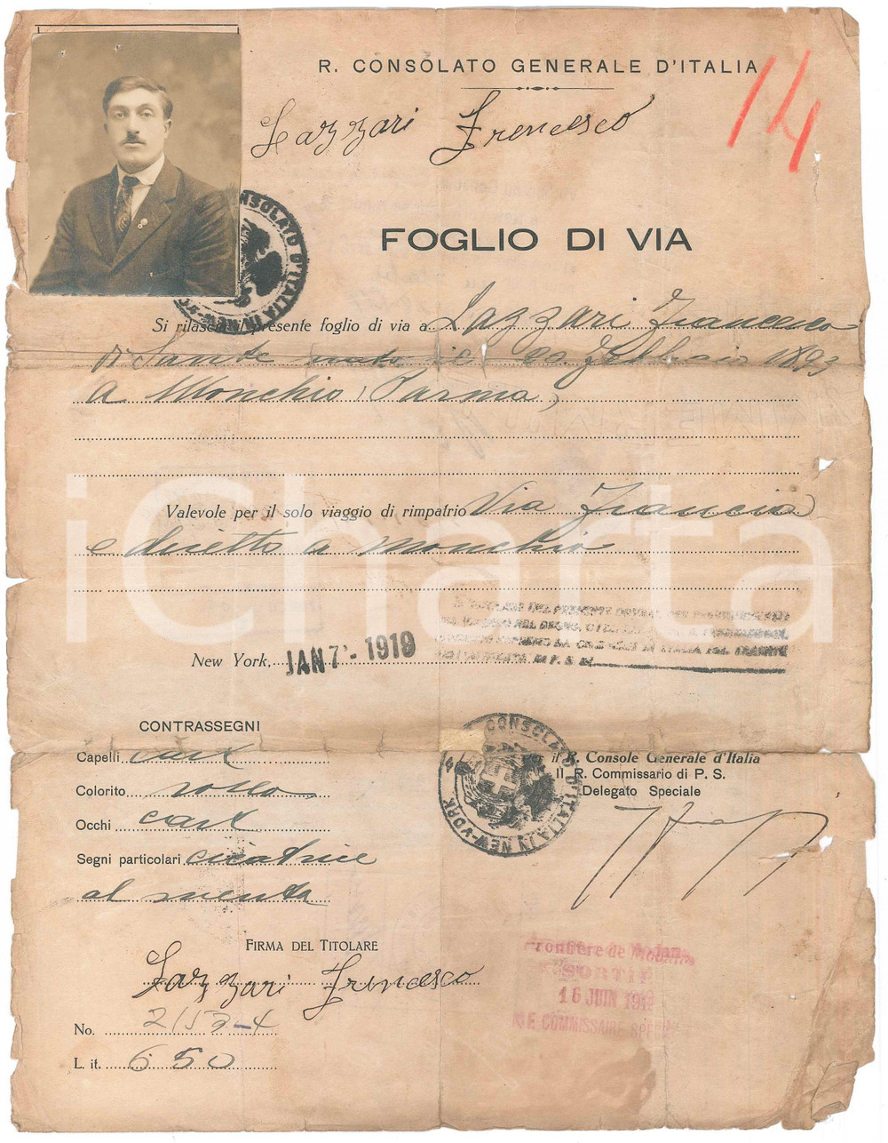 Documento originale, autentico 1919 NEW YORK Foglio di via  Francesco LAZZARI di MONCHIO DELLE CORTI Con foto 1
