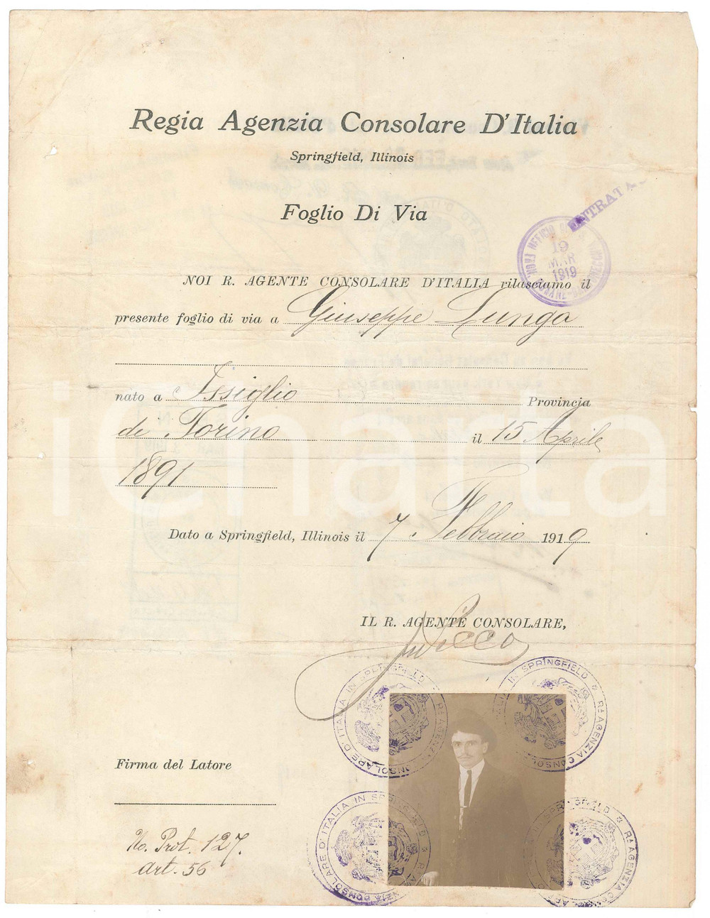 Documento originale, autentico 1919 SPRINGFIELD ILLINOIS Foglio di via  Giuseppe LUNGO Con foto 1