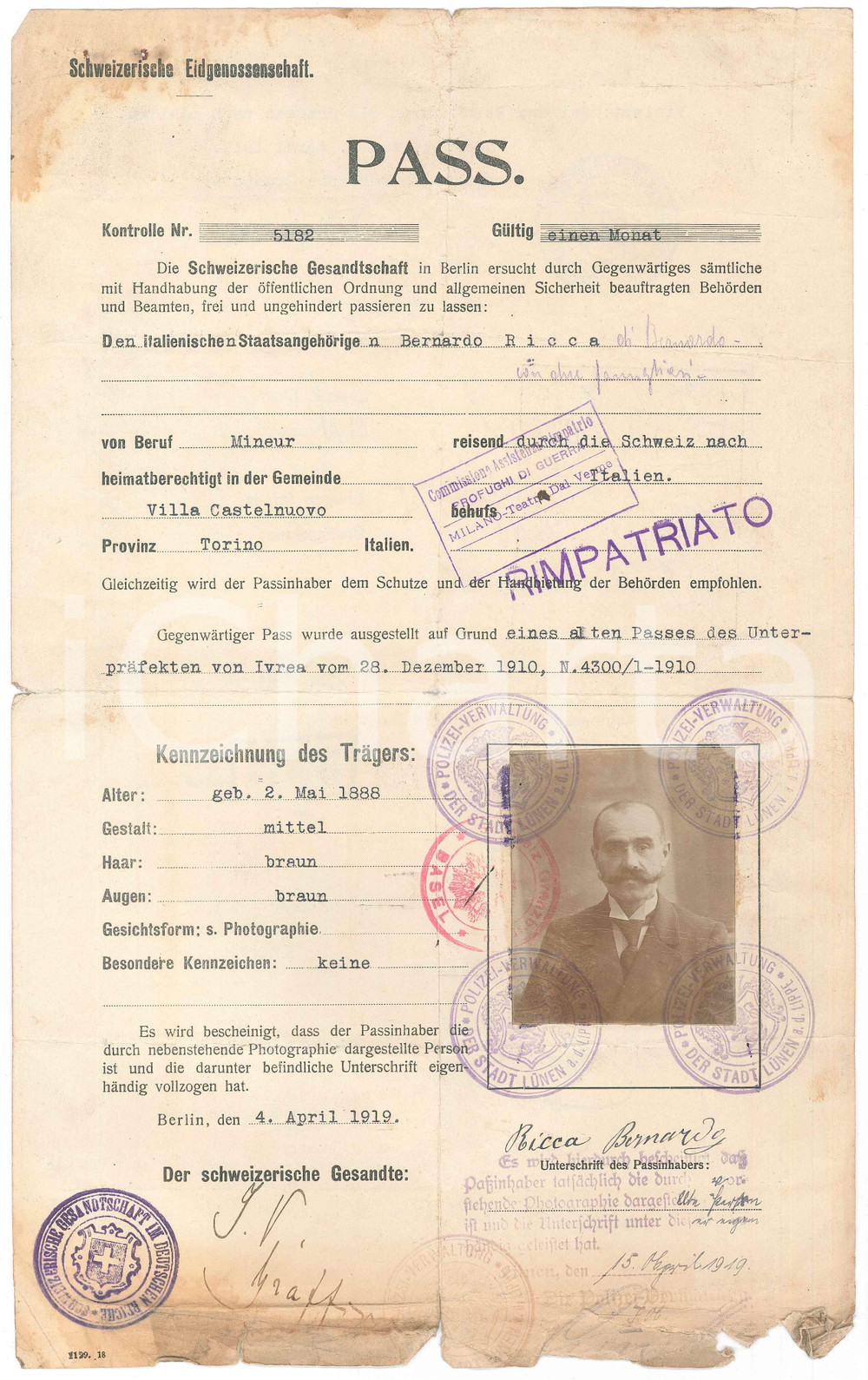 Documento originale, autentico 1919 BERLIN Pass Bernardo RICCA minatore italiano Con vera foto 1