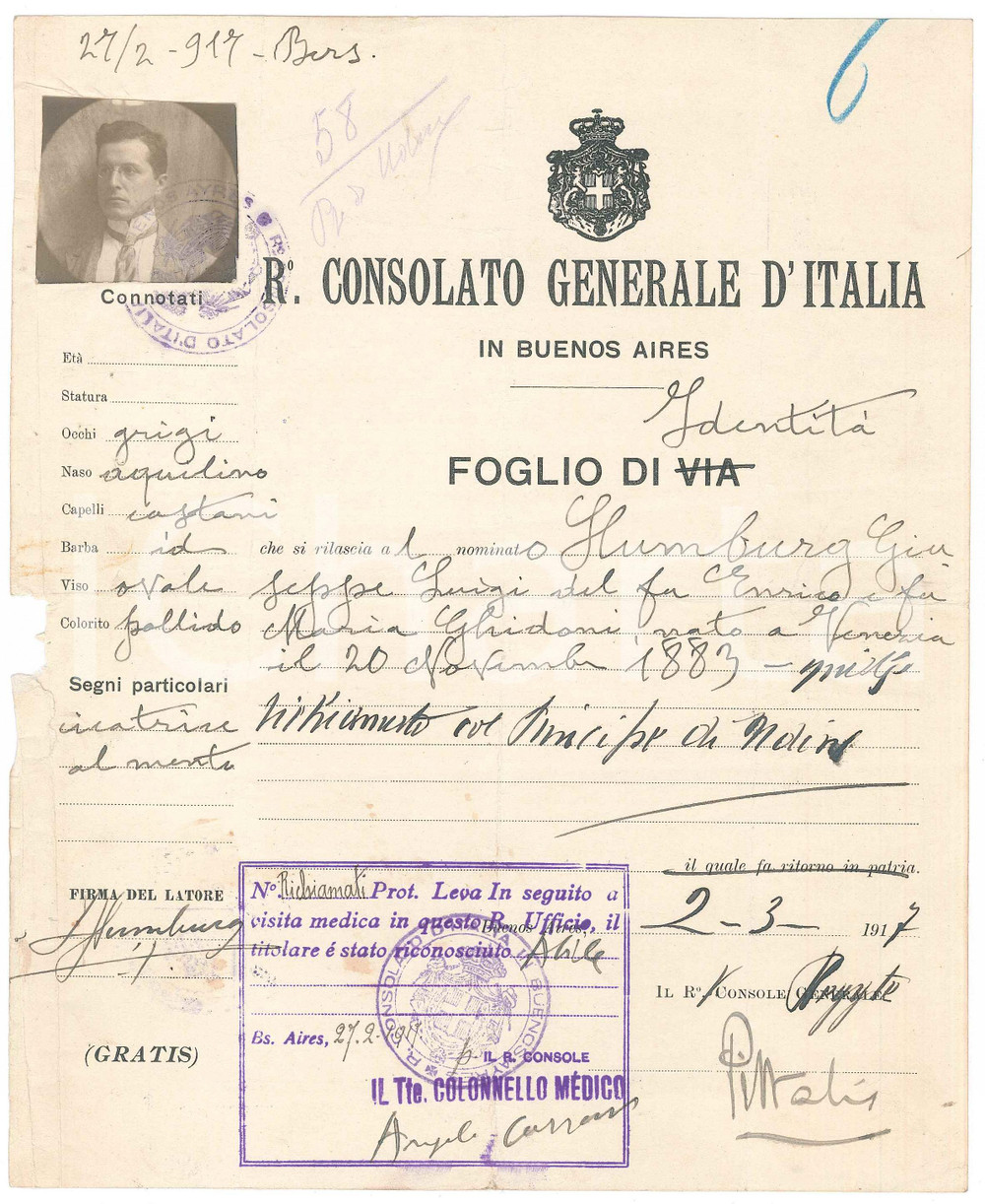 Documento originale, autentico 1917 BUENOS AIRES ARGENTINA Foglio di via  Giuseppe HUMBURG Con foto 1