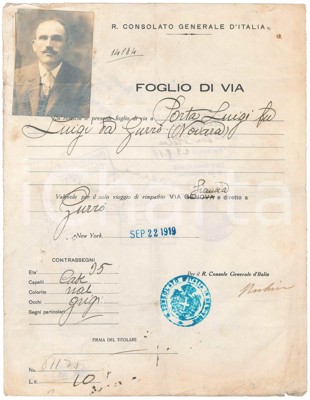 Documento originale, autentico 1919 NEW YORK Foglio di via  Luigi PORTA di GUERRO VB Con foto 1