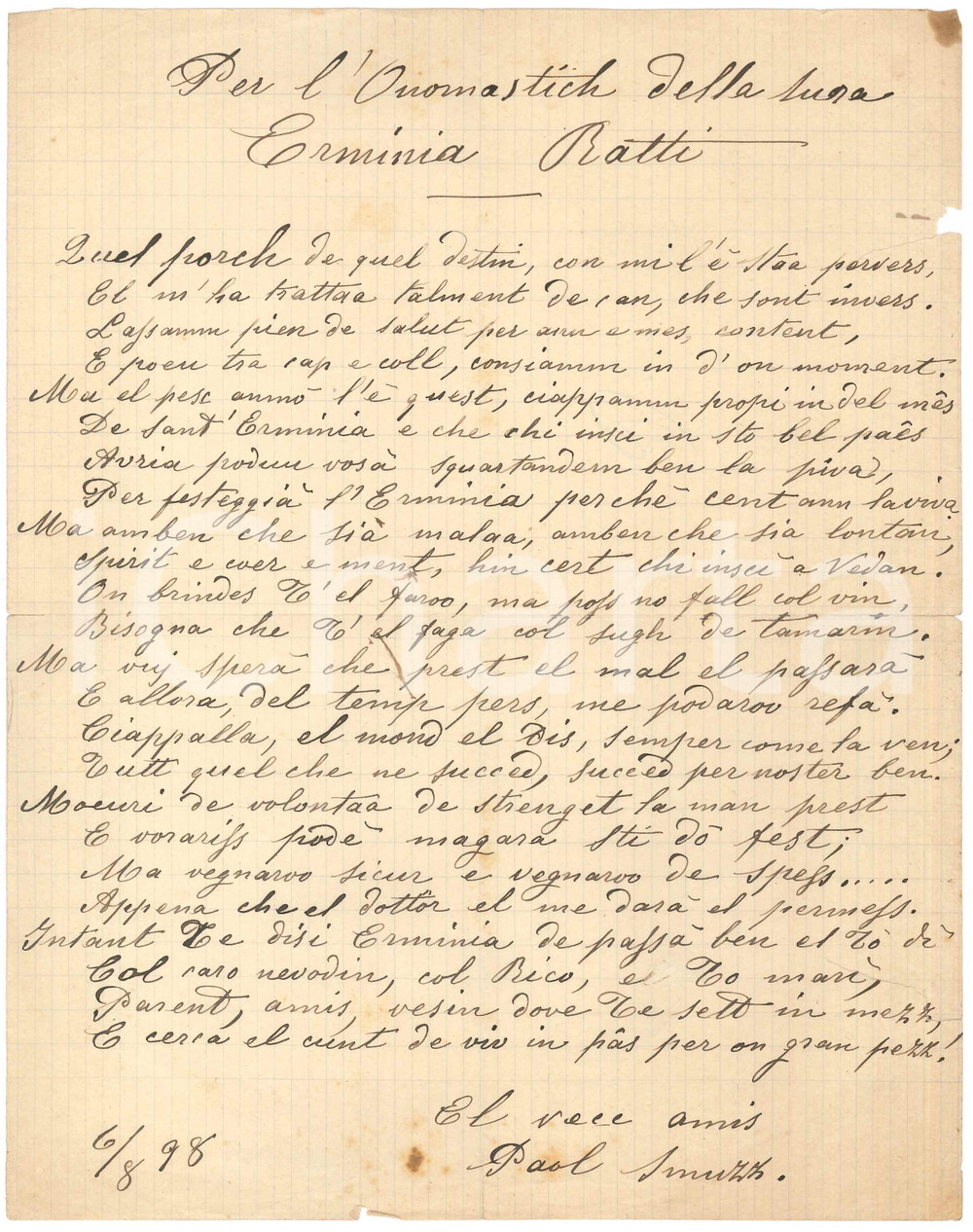 Manoscritto, lettera originale 1898 MILANO  Paolo SMUZZI  Per l onomastich sura Erminia RATTI  Lirica 1