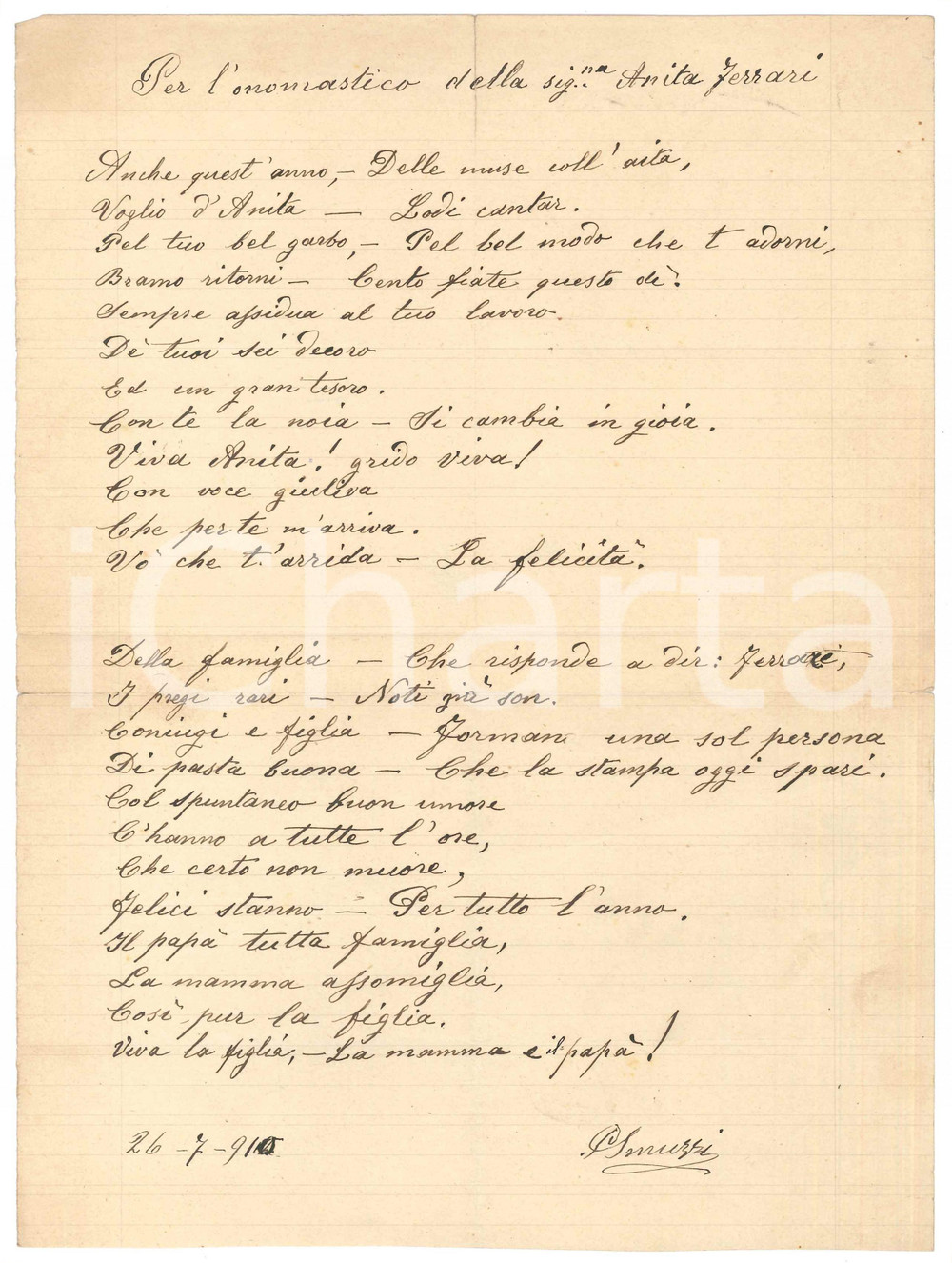 Manoscritto, lettera originale 1910 MILANO  Paolo SMUZZI  Per l onomastico di Anita FERRARI  Lirica 1