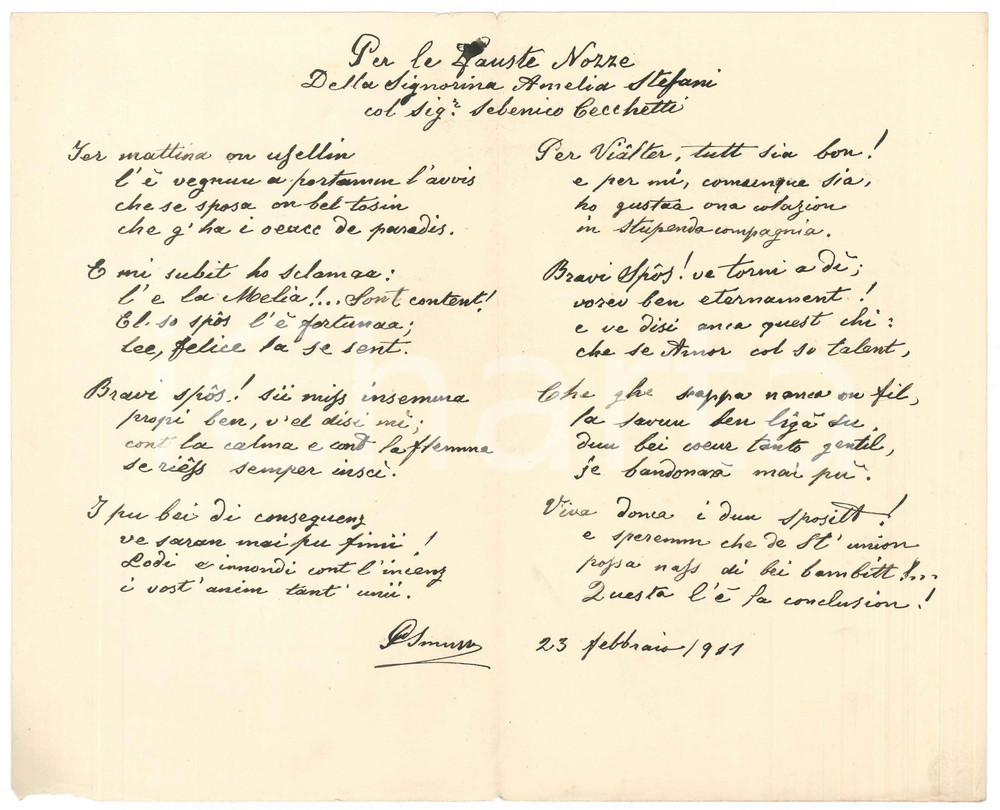 Manoscritto, lettera originale 1911 MILANO Paolo SMUZZI Nozze Amelia STEFANI  Sebenico CECCHETTI Lirica 1