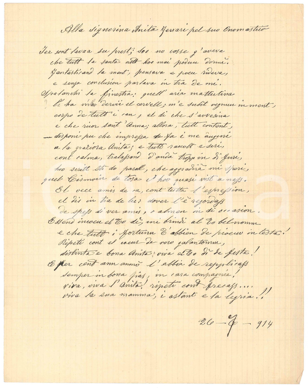 Manoscritto, lettera originale 1914 MILANO Paolo SMUZZI  Per l onomastico di Anita FERRARI  Lirica dialettale 1