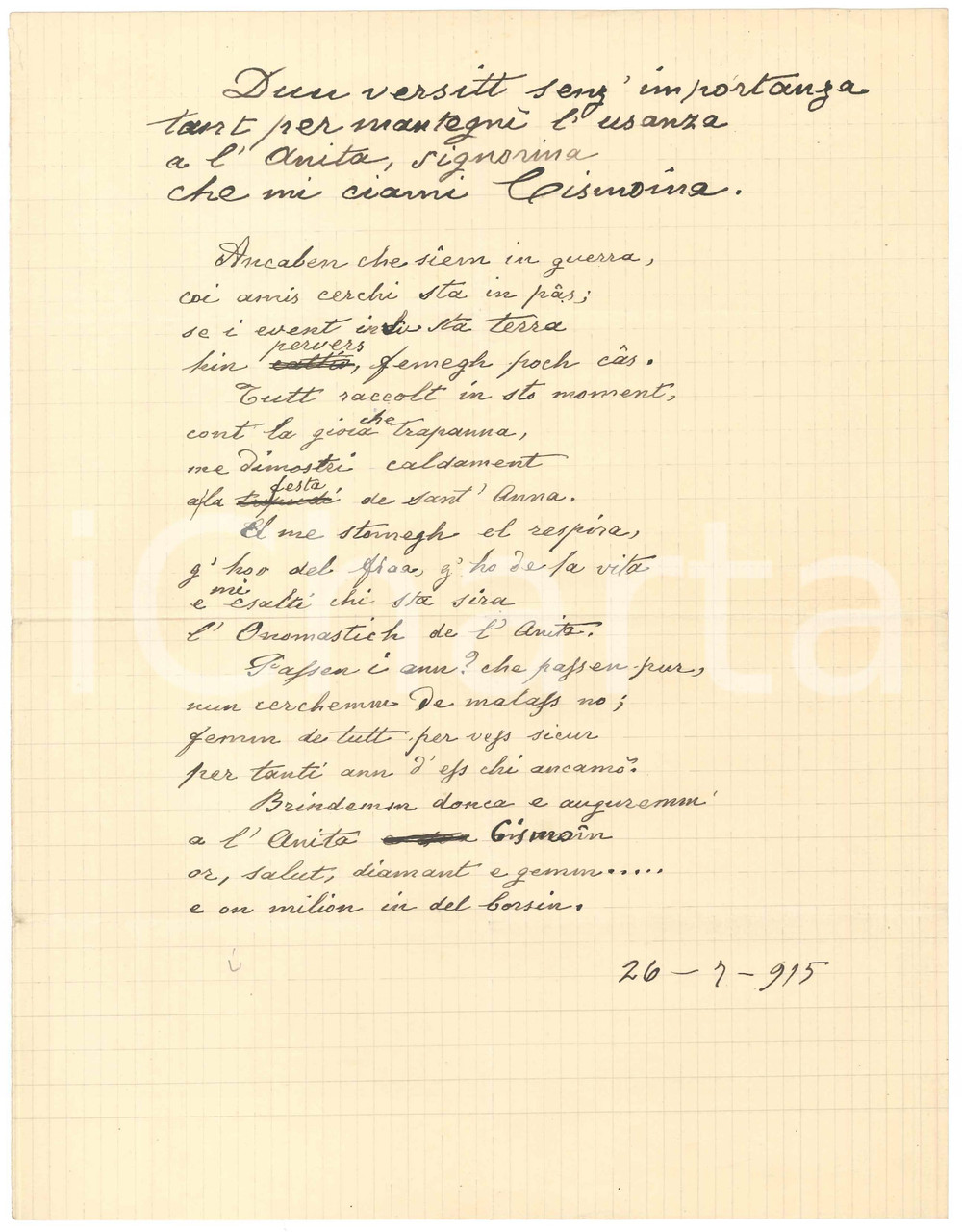 Manoscritto, lettera originale 1915 MILANO Paolo SMUZZI  Duu versitt a l Anita Cismoina  Lirica dialettale 1