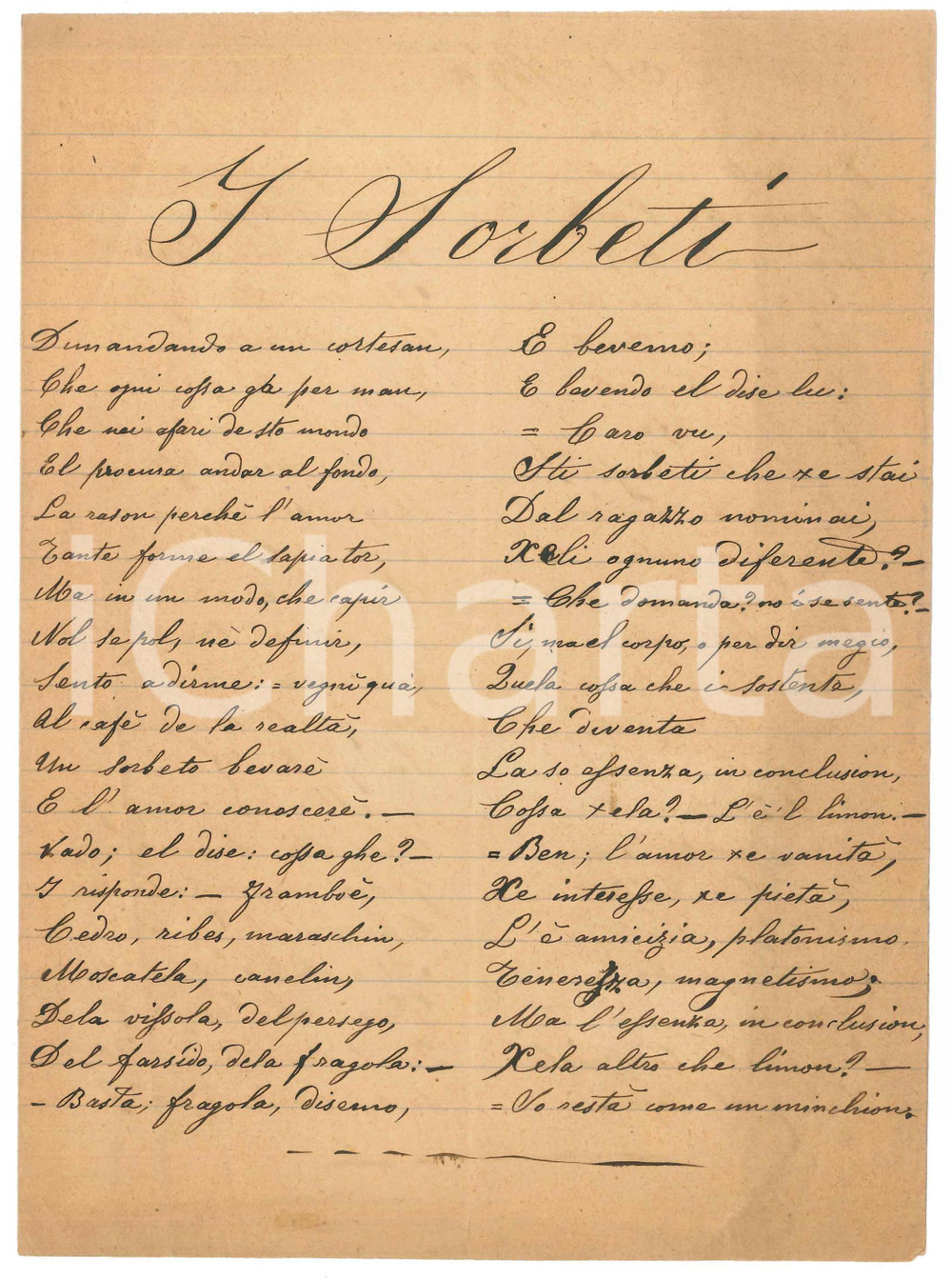 Manoscritto, lettera originale 1910 ca MILANO  Paolo SMUZZI  I sorbeti Lirica dialettale milanese 1