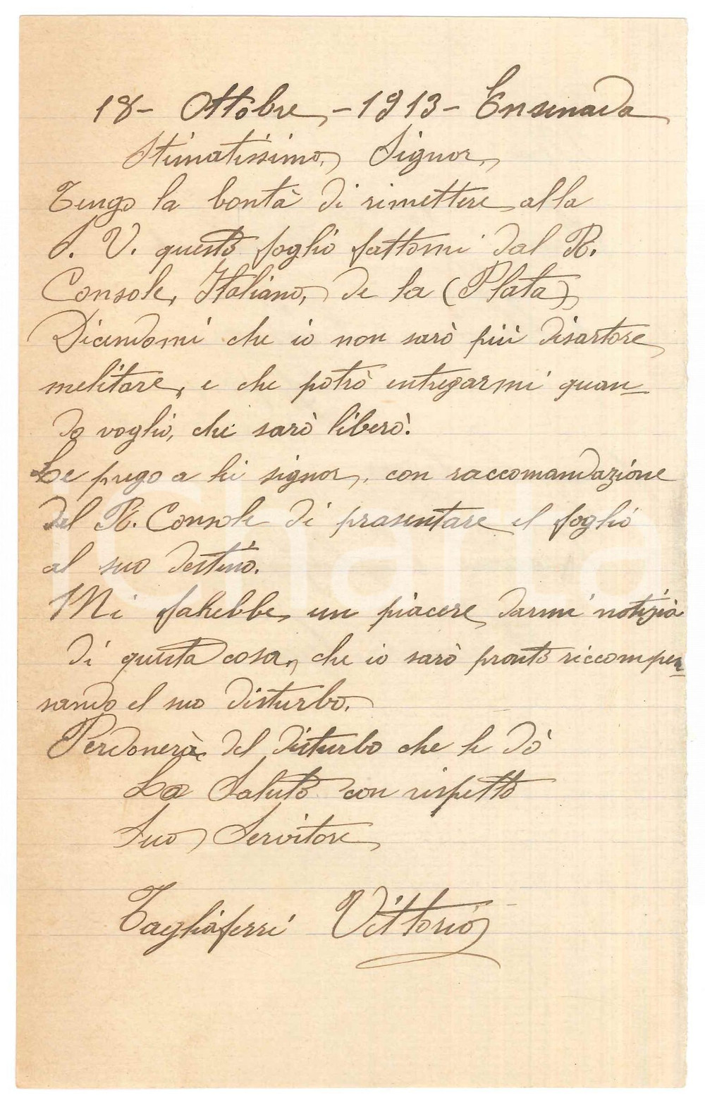 Documento originale, autentico 1913  BUENOS AIRES Lettera emigrato Vittorio TAGLIAFERRI non piÃ¹ disertore 1
