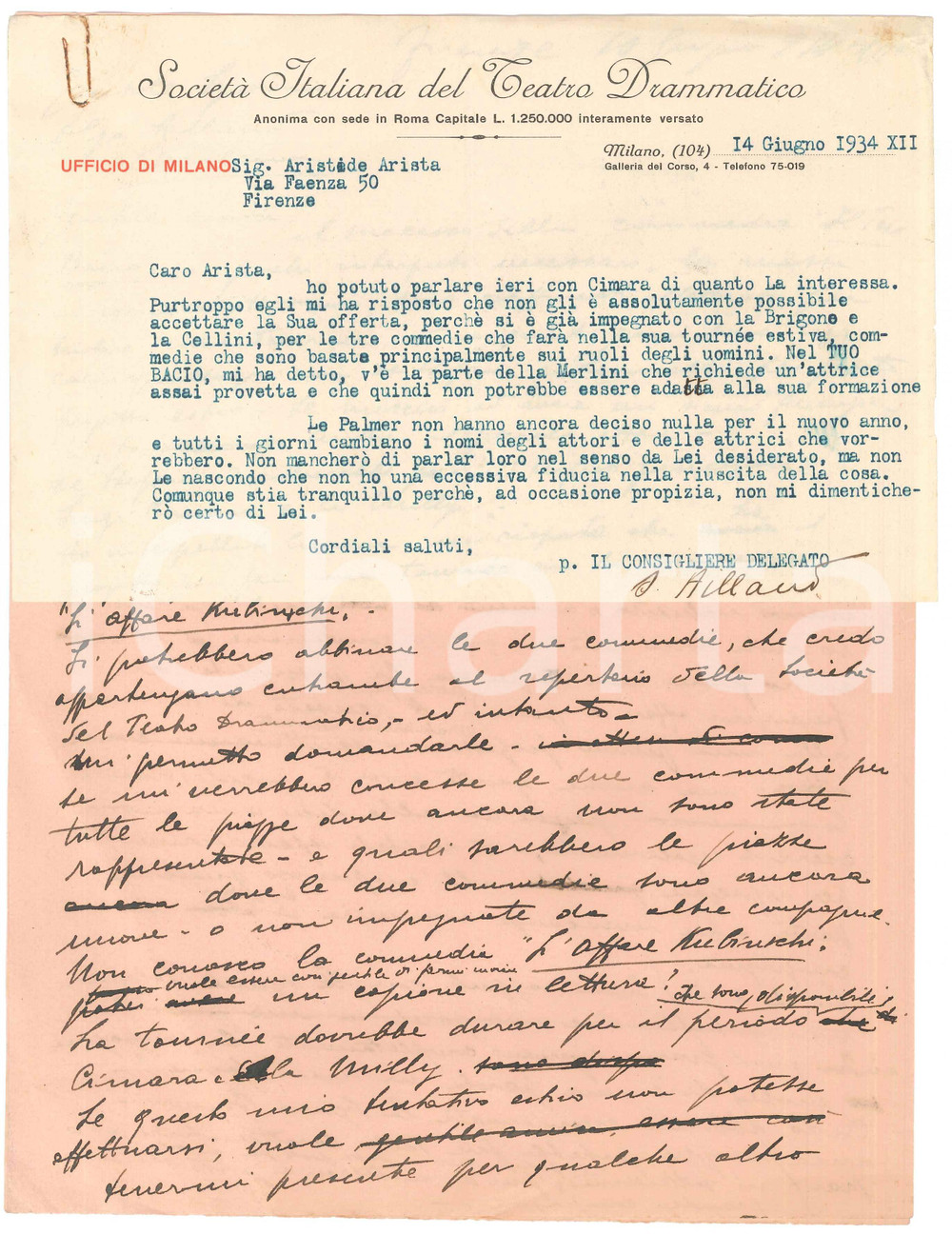 1934 FIRENZE TEATRO Lettera Aristide ARISTA per tournée "Il tuo bacio" AUTOGRAFO
