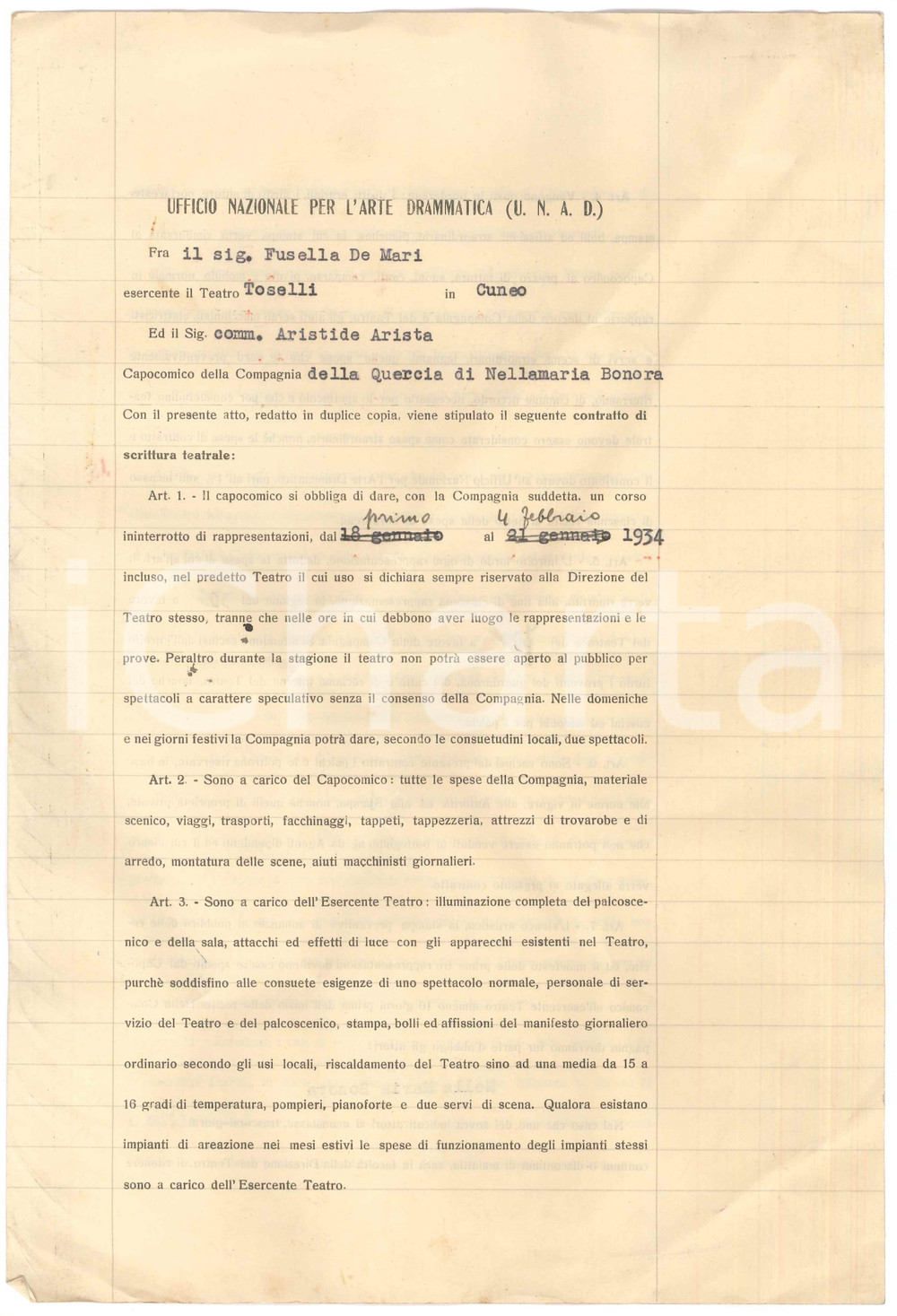 Documento originale, autentico 1934 CUNEO Teatro TOSELLI Contratto per spettacoli Compagnia della Quercia 1
