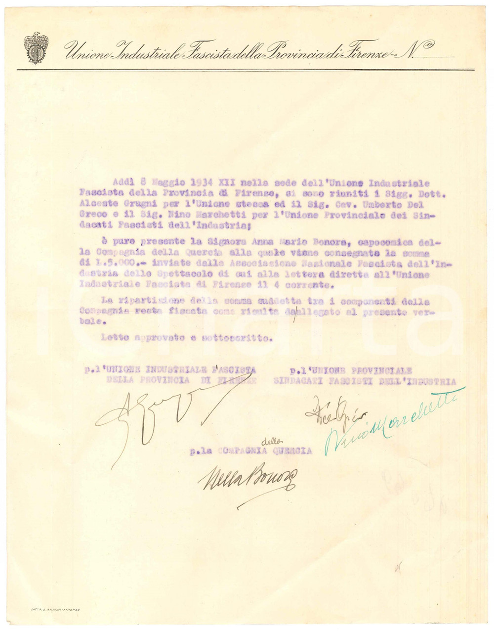 Documento originale, autentico 1934 FIRENZE TEATRO Lettera saldo Compagnia della Quercia AUTOGRAFO Nella BONORA 1